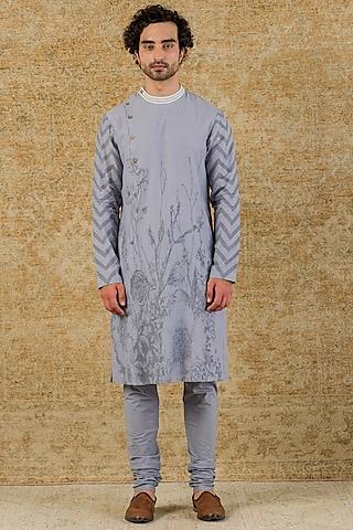 aegean blue chanderi hand block printed & embroidered kurta set