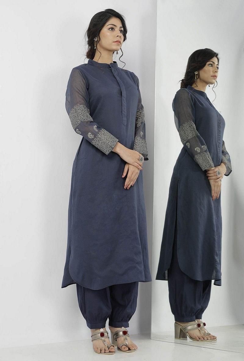 aegean blue mandarin collar floral hand-block kota kurta