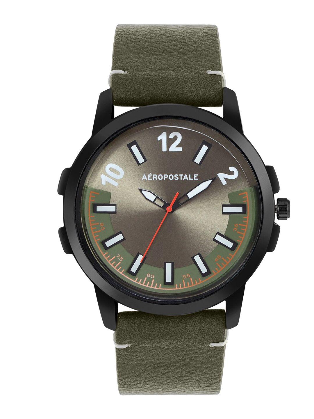 aeropostale men beige brass dial & green straps analogue watch