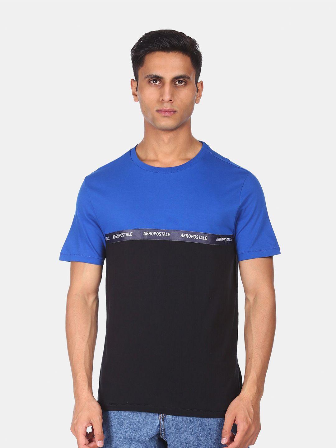 aeropostale men blue & black cotton colourblocked t-shirt
