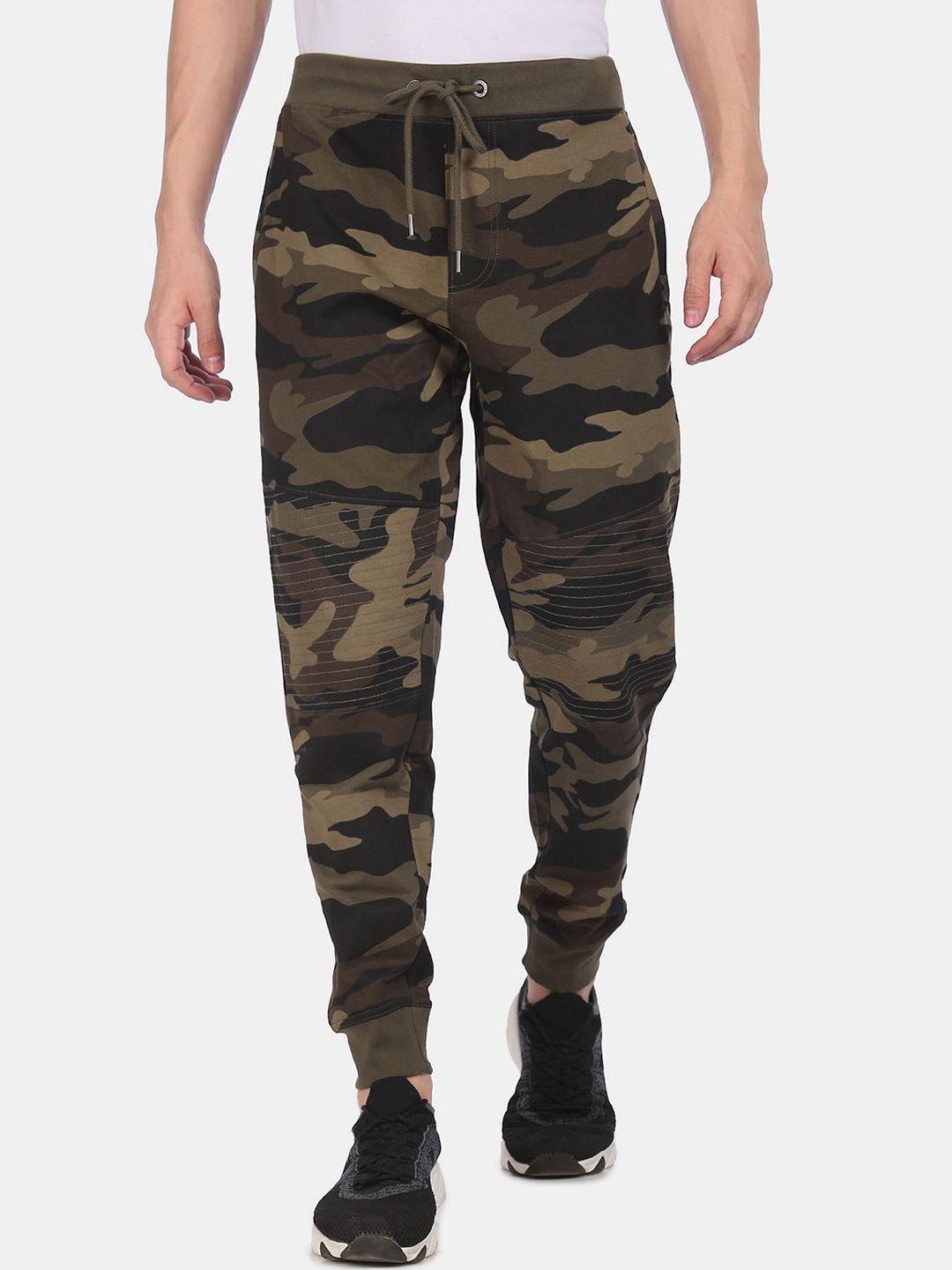 aeropostale men olive green & brown camouflage printed straight-fit pure cotton joggers