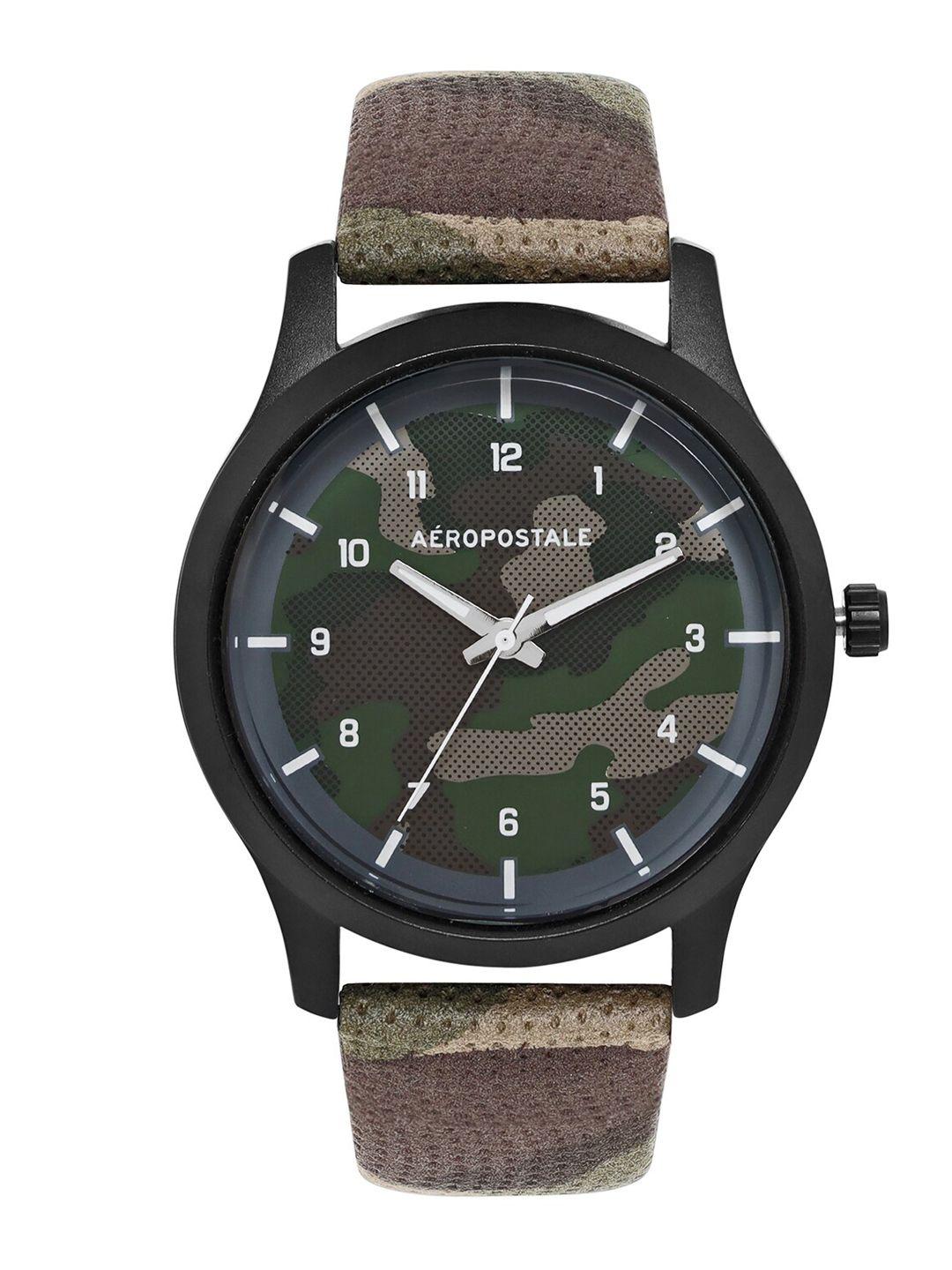 aeropostale men beige brass printed dial & green straps analogue watch