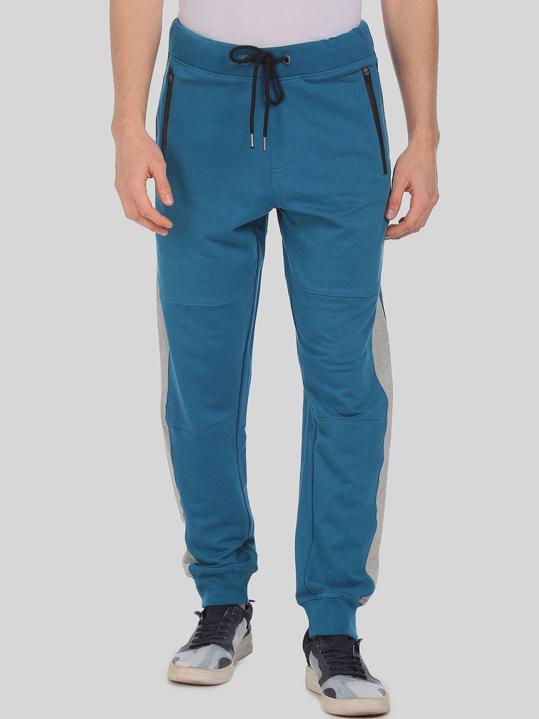 aeropostale men blue & grey straight fit colourblocked cotton joggers