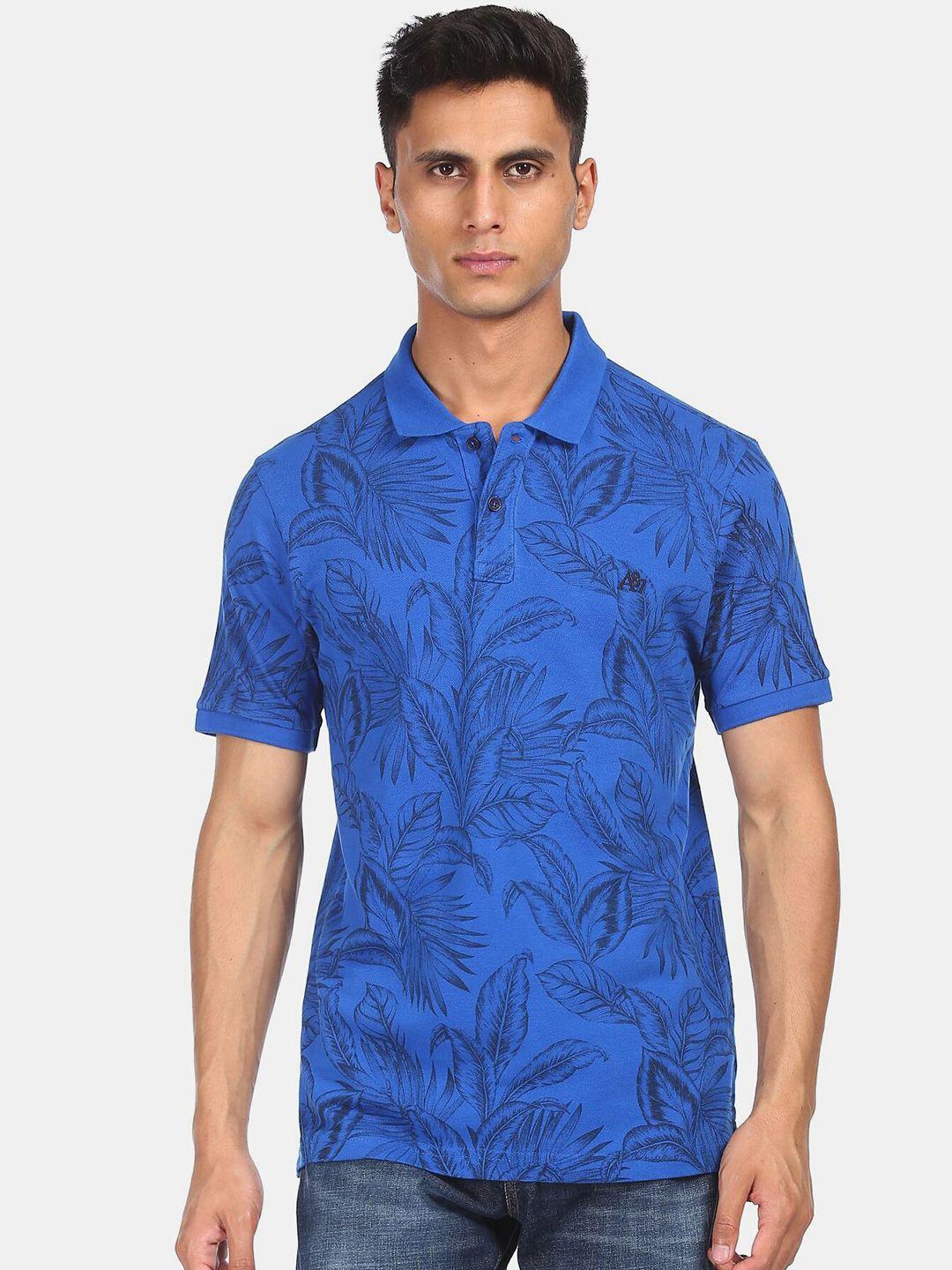 aeropostale men blue floral printed polo collar tropical pure cotton t-shirt