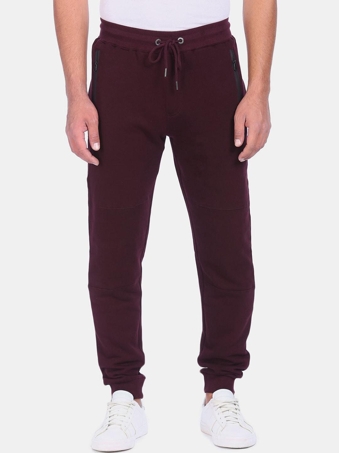 aeropostale men burgundy solid straight fit pure cotton joggers