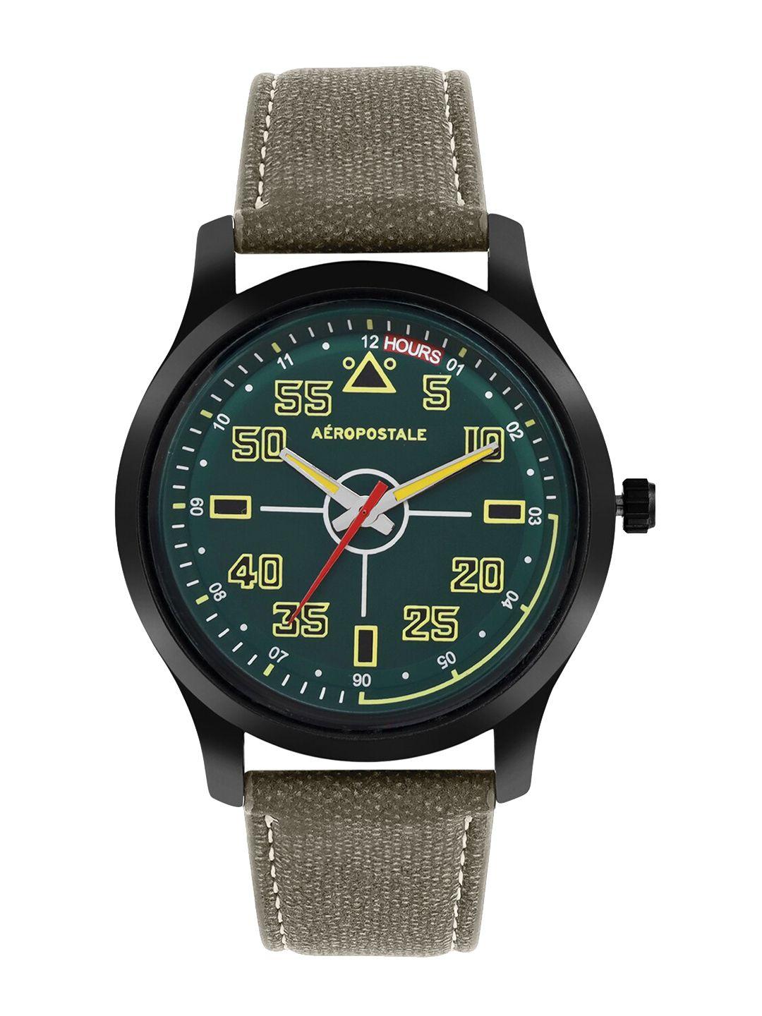 aeropostale men green brass printed dial & green straps analogue watch
