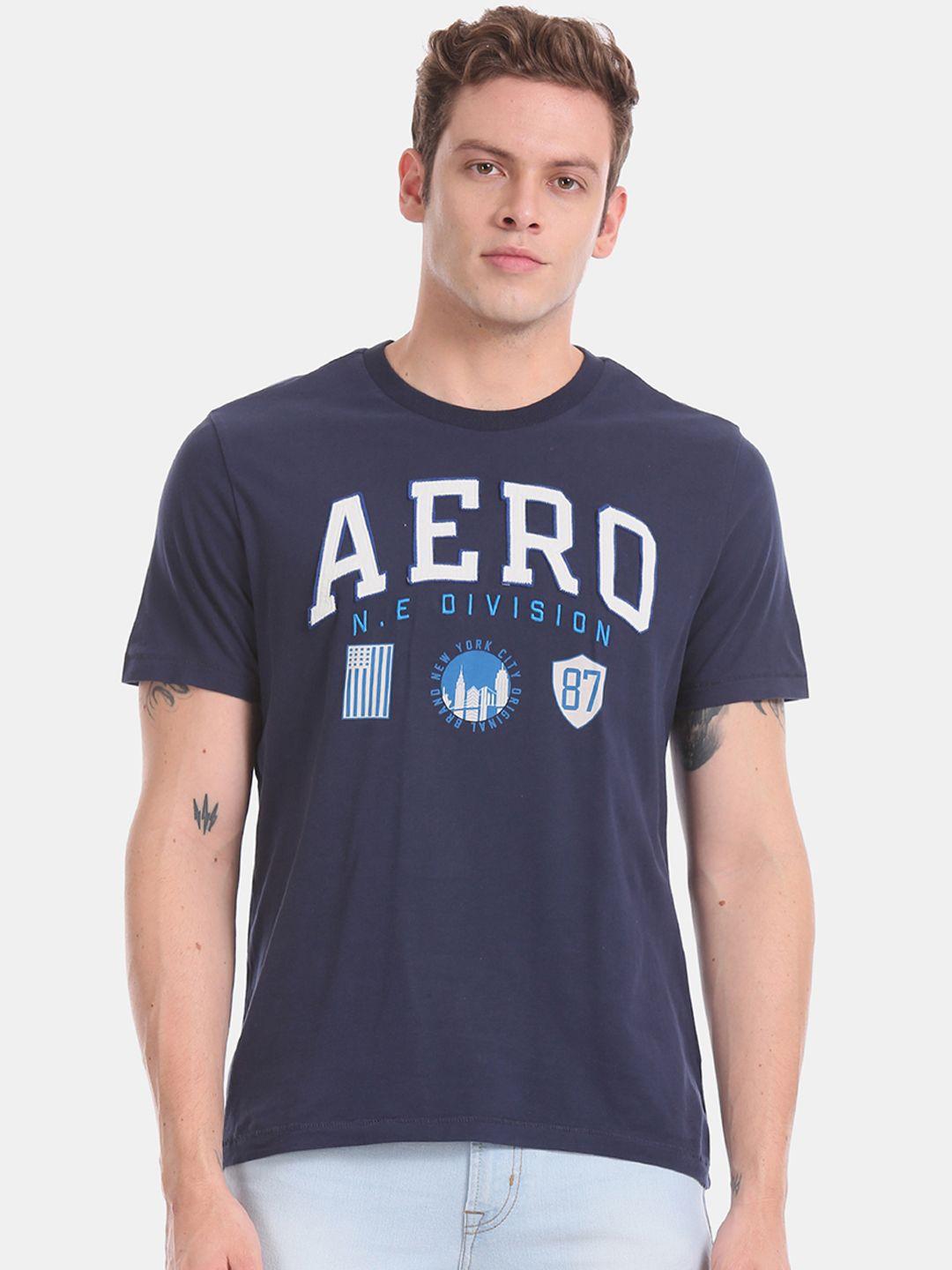 aeropostale men navy blue brand logo appliqued round neck t-shirt