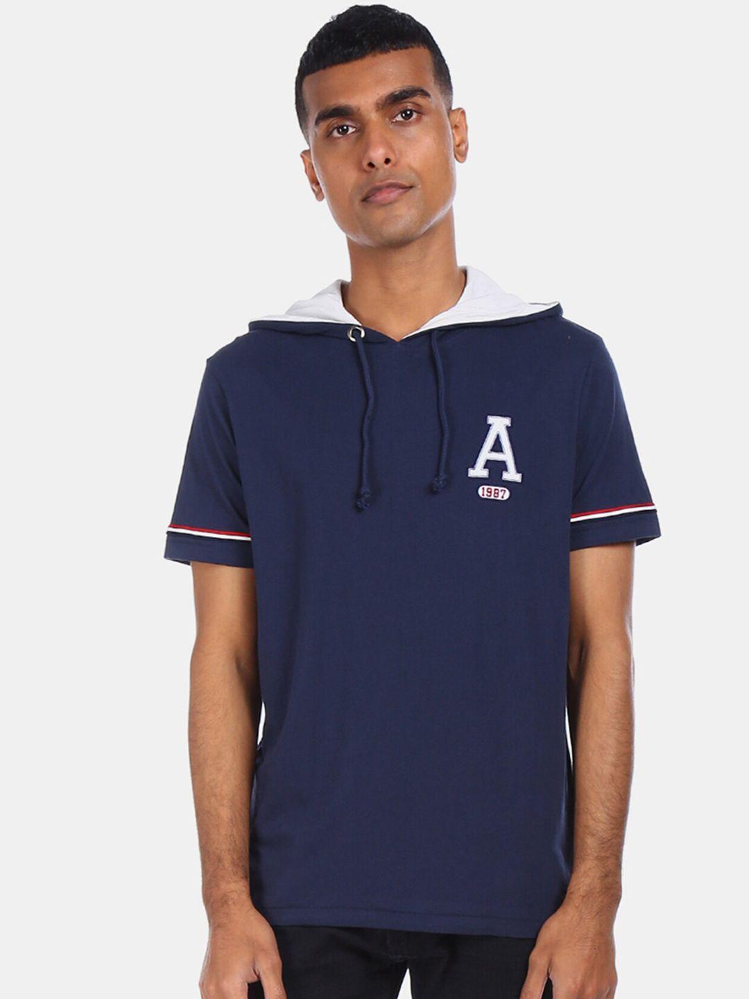 aeropostale men navy blue solid hood cotton pure cotton t-shirt