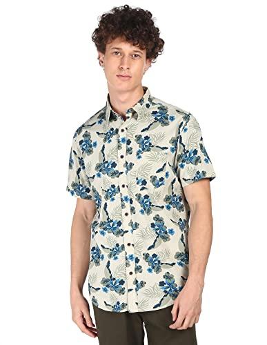 aeropostale men olive and blue short sleeve floral print casual shirt