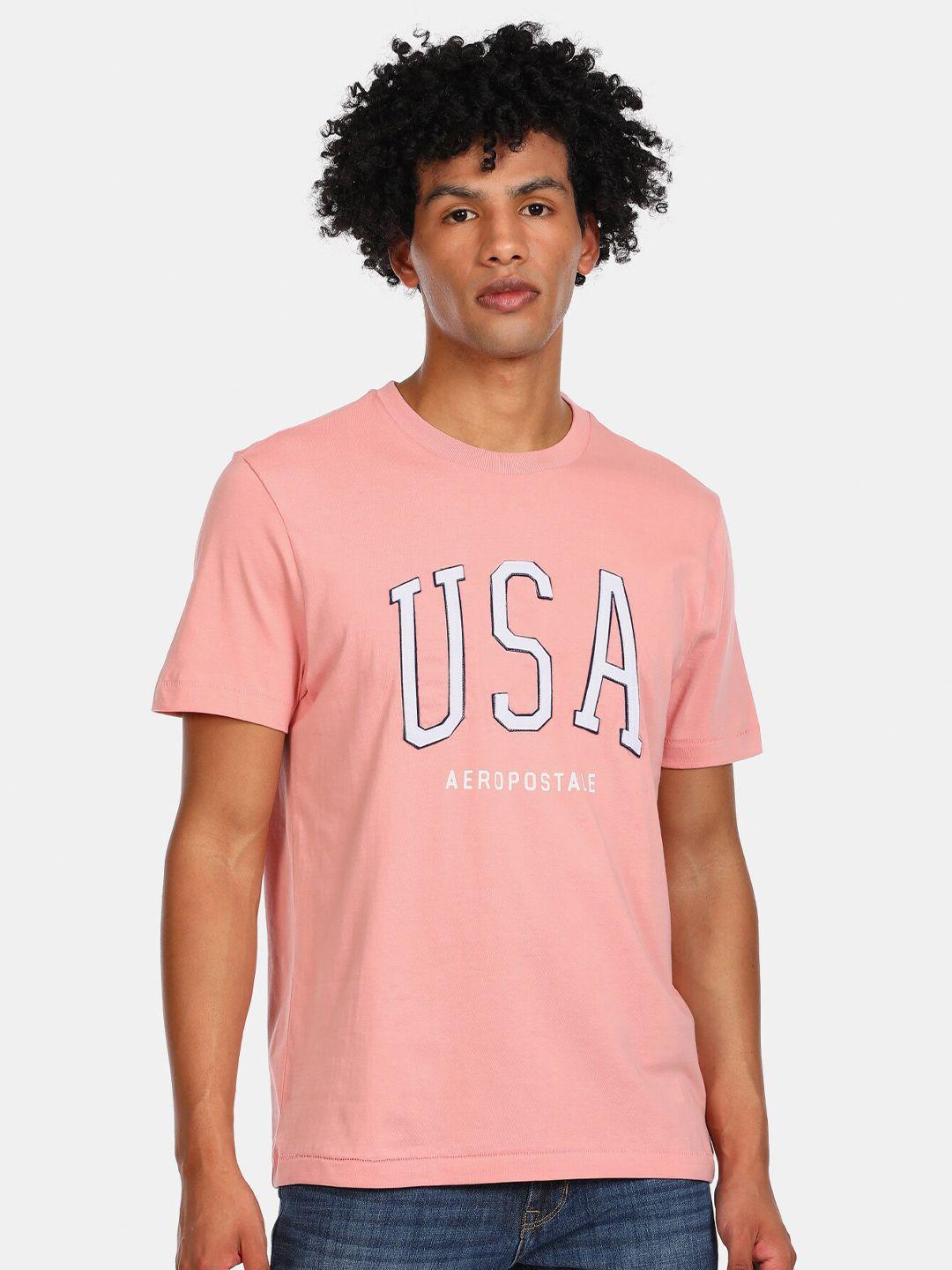 aeropostale men pink typography printed applique pure cotton t-shirt