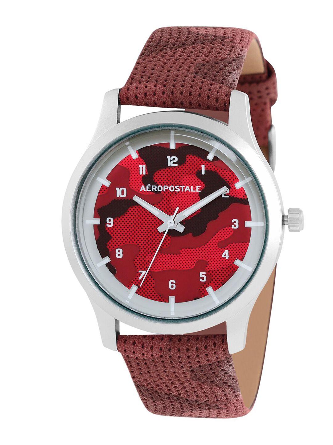 aeropostale men red brass printed dial & red textured straps analogue watch