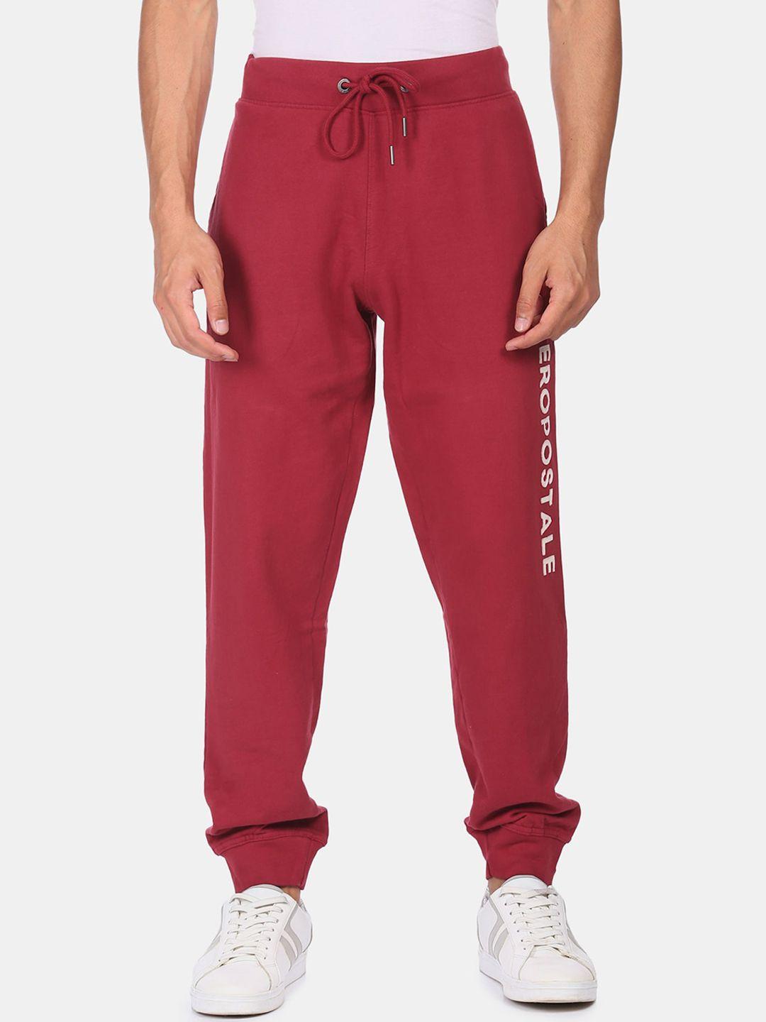 aeropostale men red solid straight-fit pure cotton joggers