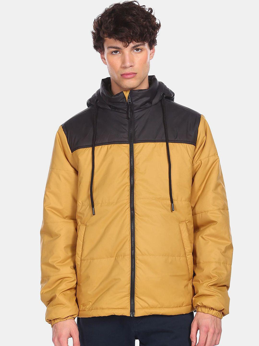 aeropostale men yellow & black colourblocked hooded padded jacket