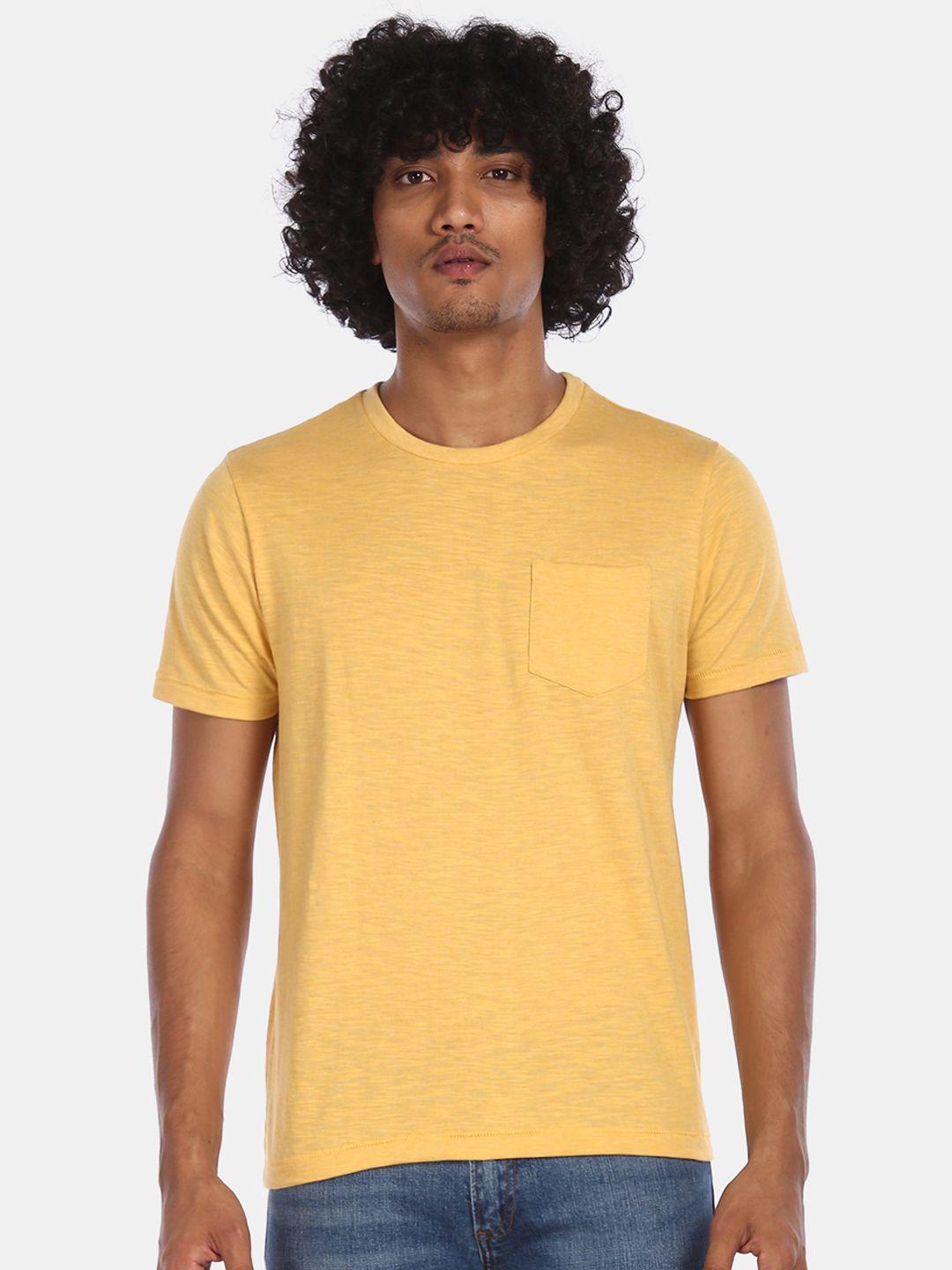 aeropostale men yellow solid v-neck t-shirt