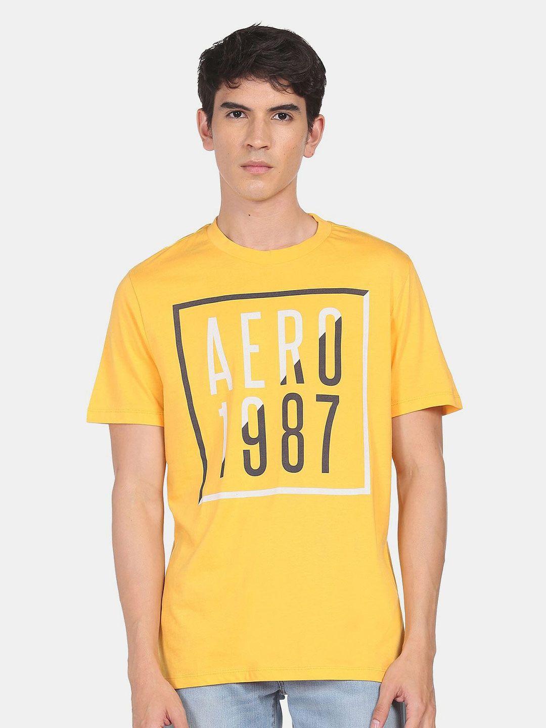 aeropostale men yellow typography printed pure cotton t-shirt