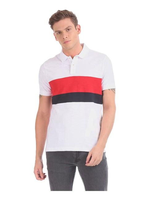 aeropostale white & red cotton regular fit colour block polo t-shirt