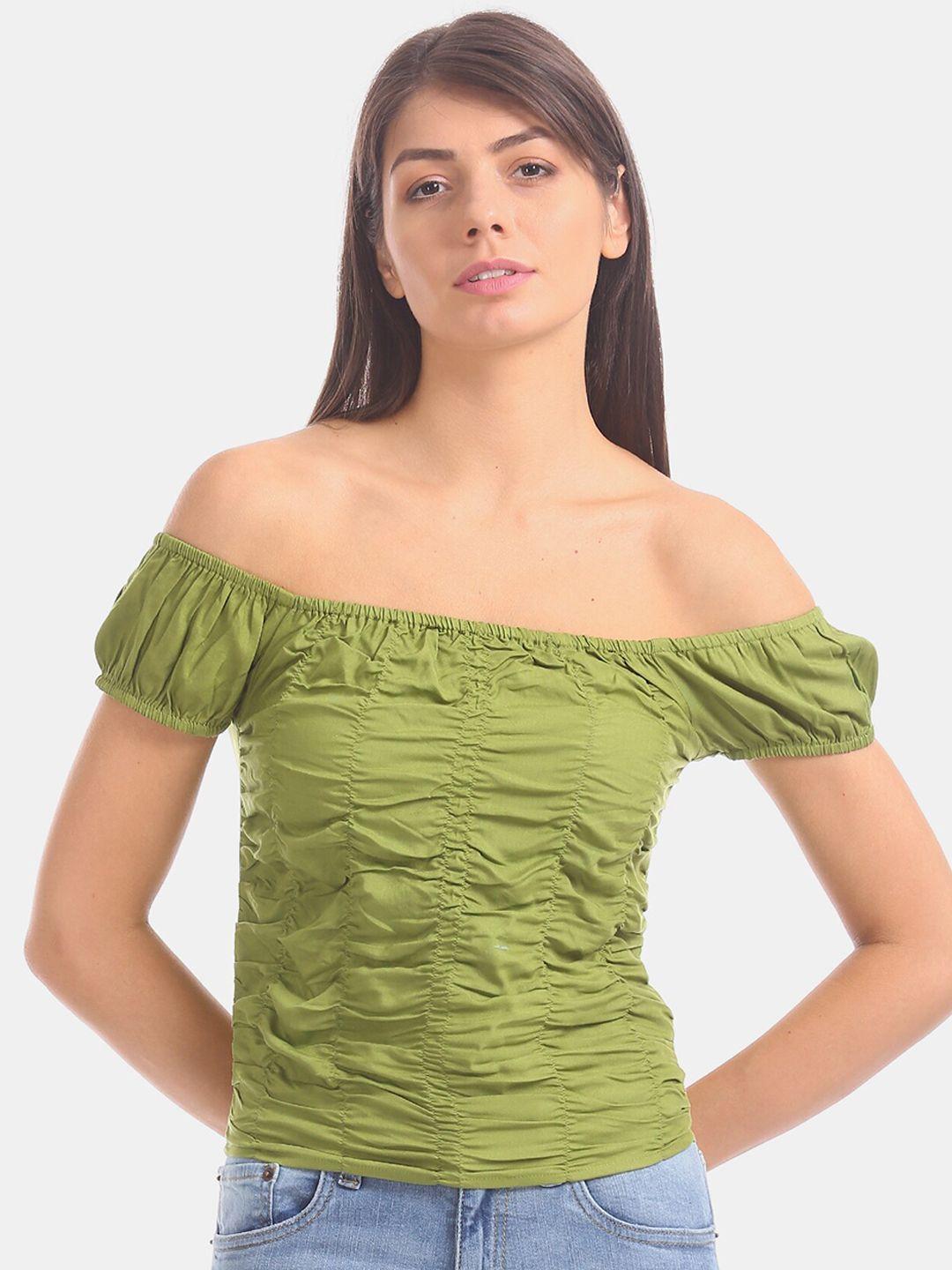 aeropostale women green solid smocked bardot top