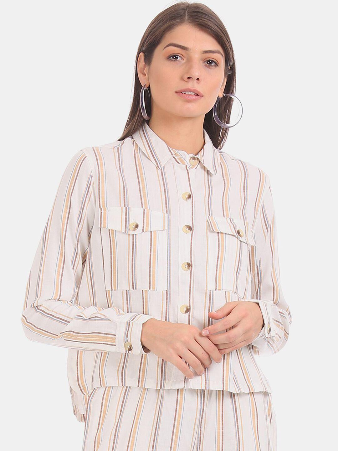 aeropostale women off-white & beige regular fit striped casual shirt