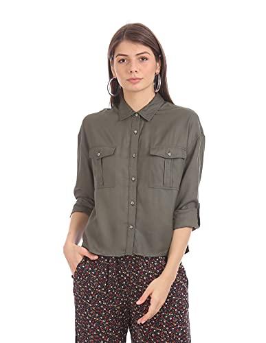 aeropostale women olive green spread collar solid shirt