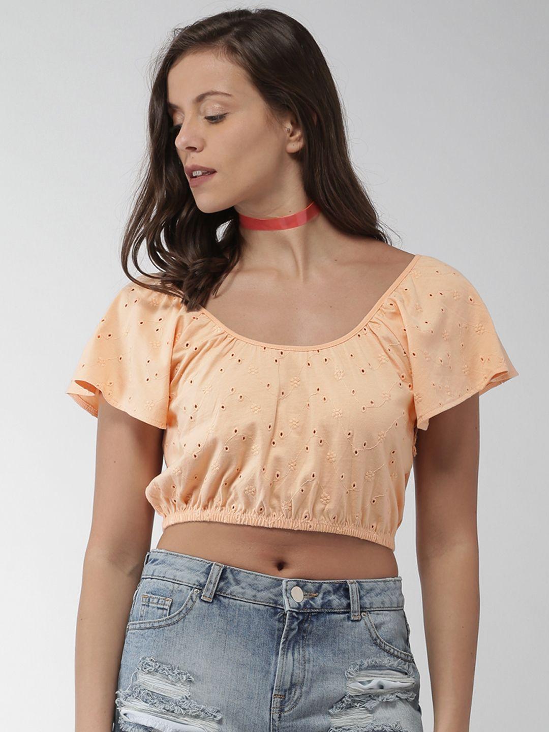 aeropostale women orange self design crop pure cotton top