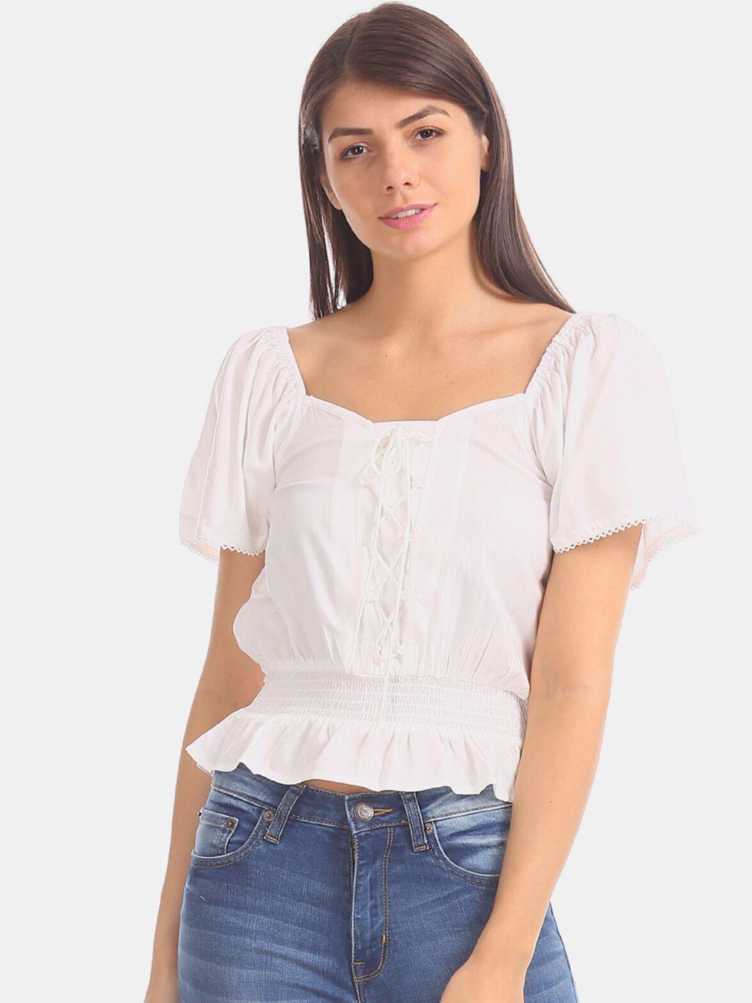 aeropostale women white solid cinched waist top