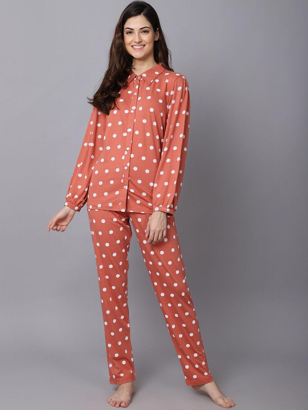 aerowarm women 2 pieces polka dots printed pure cotton night suit