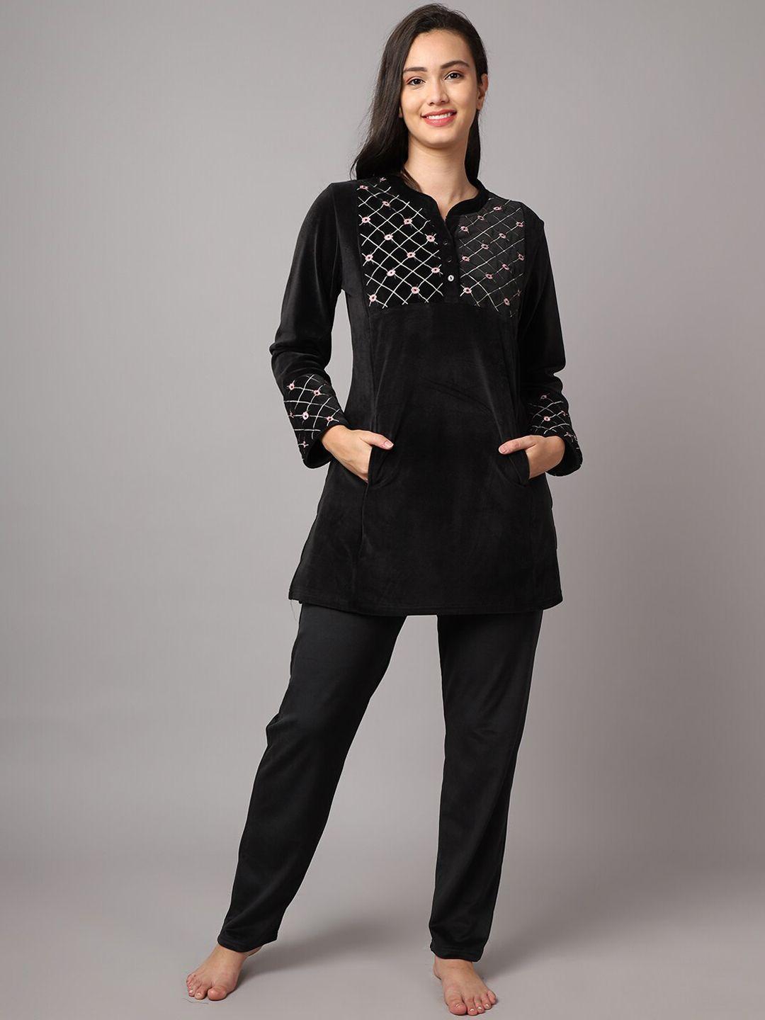 aerowarm embroidered velvet kurti and pyjamas night suit