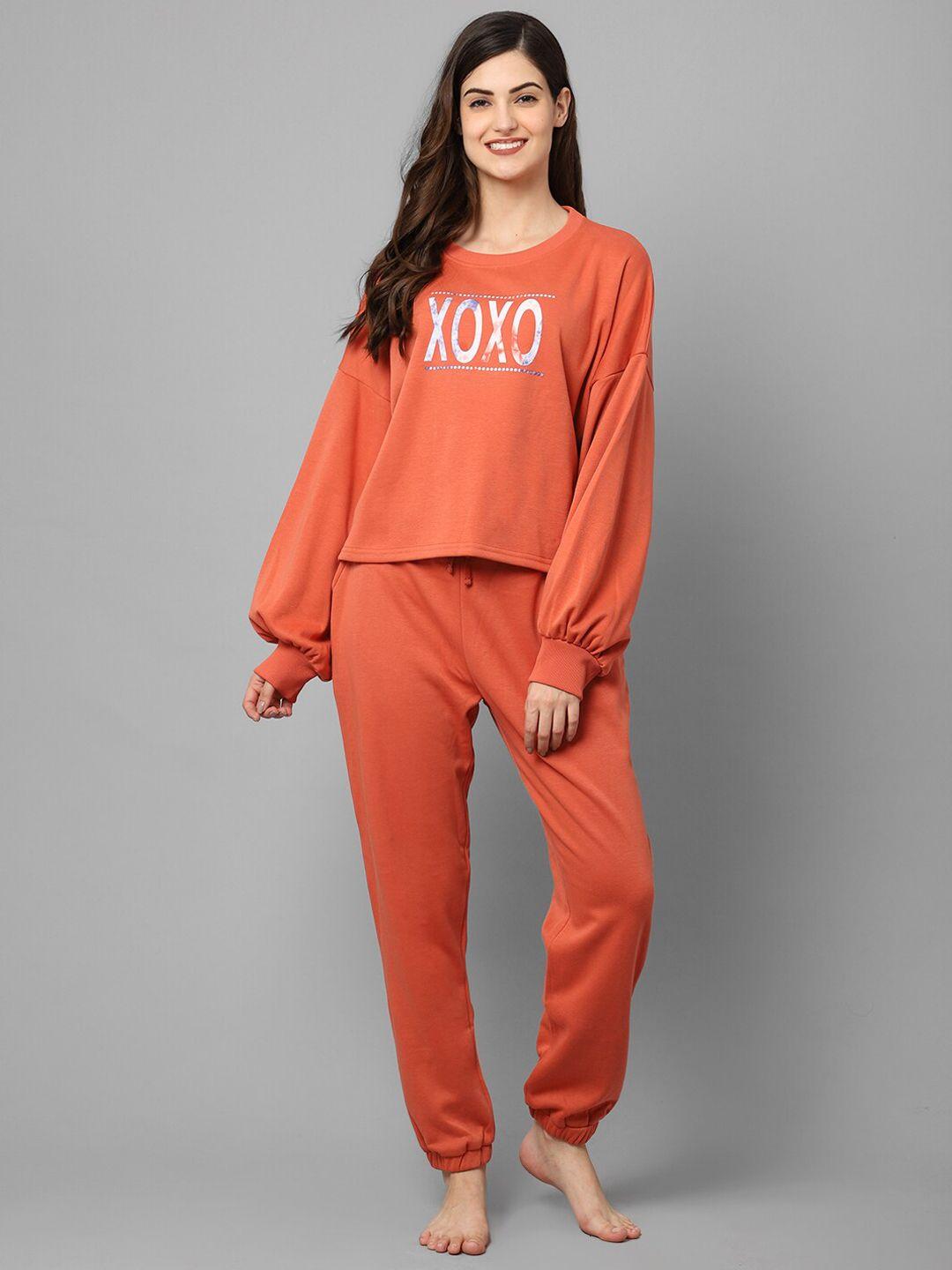 aerowarm typography printed round neck puff sleeve night suits