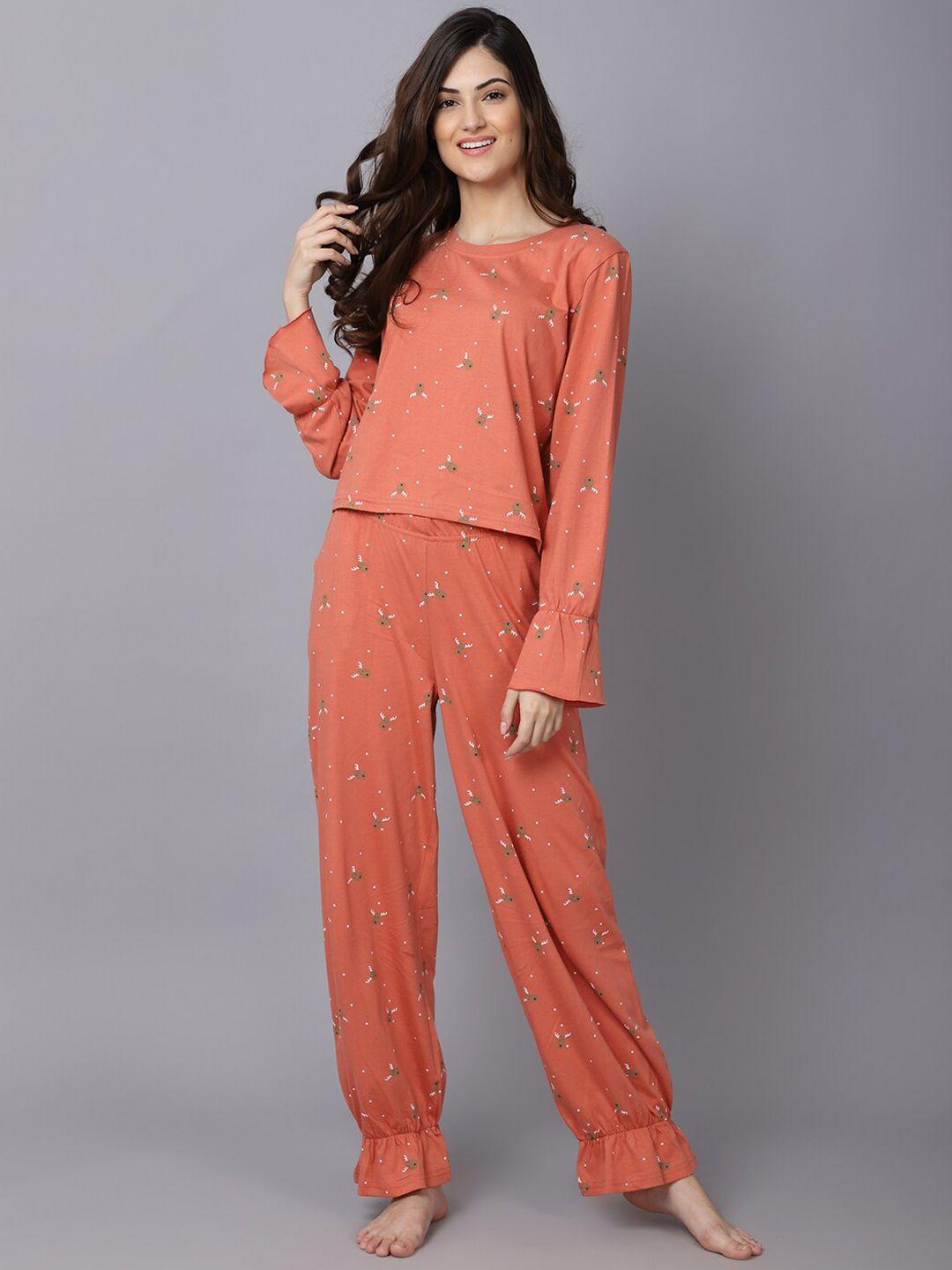 aerowarm women 2 pieces graphic printed pure cotton night suit