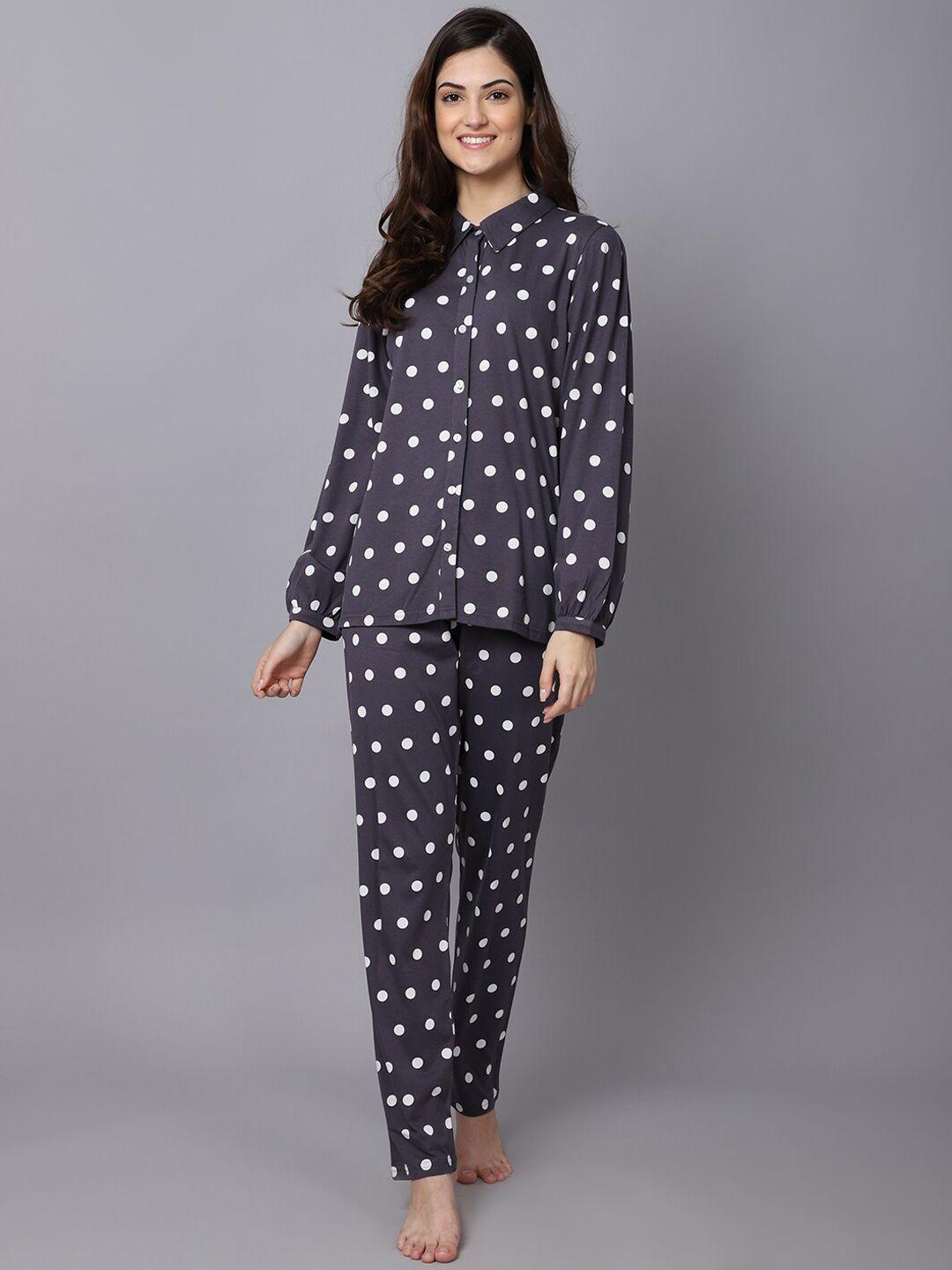 aerowarm women 2 pieces polka dots printed pure cotton night suit