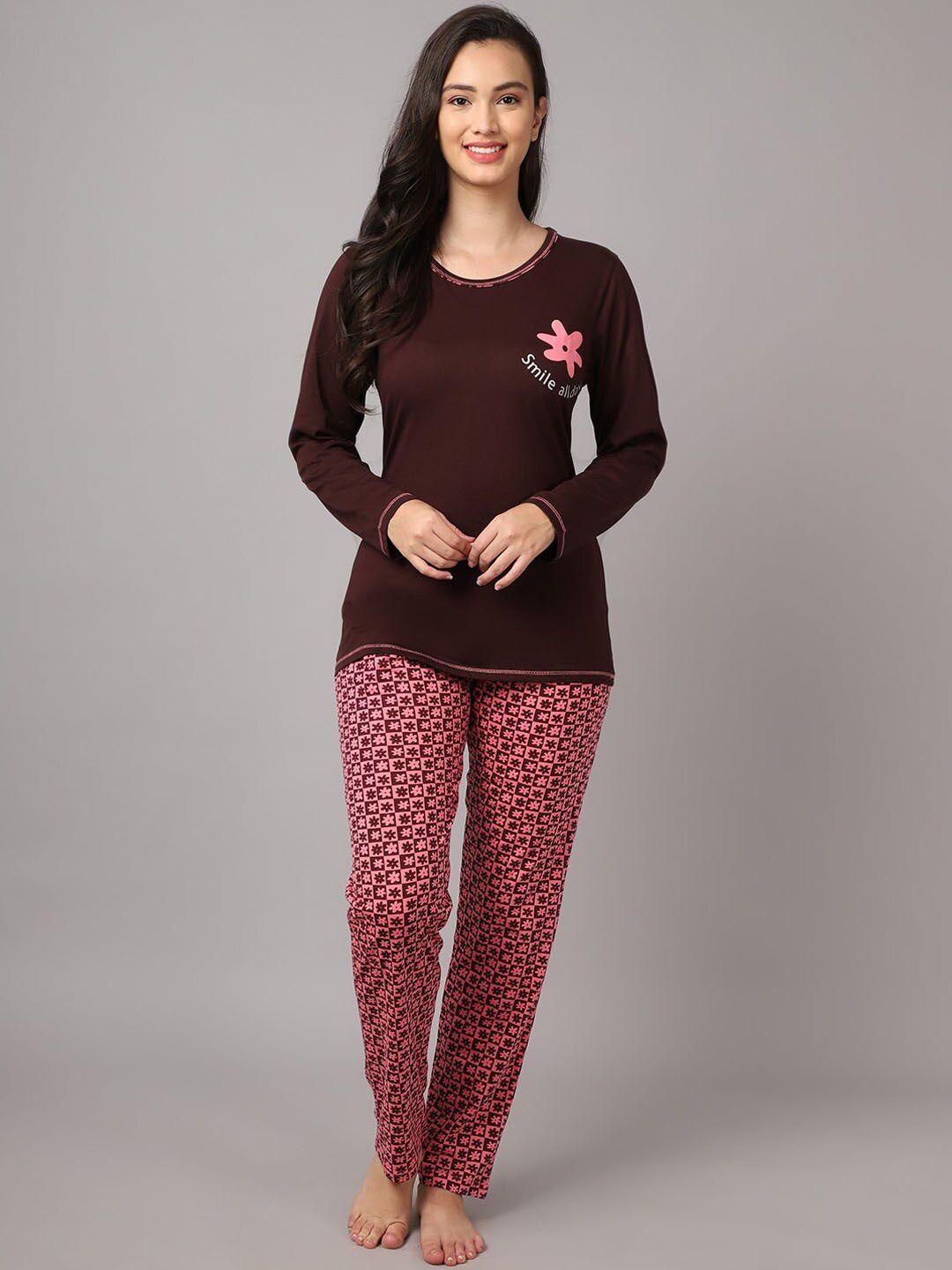 aerowarm women brown & pink printed night suit