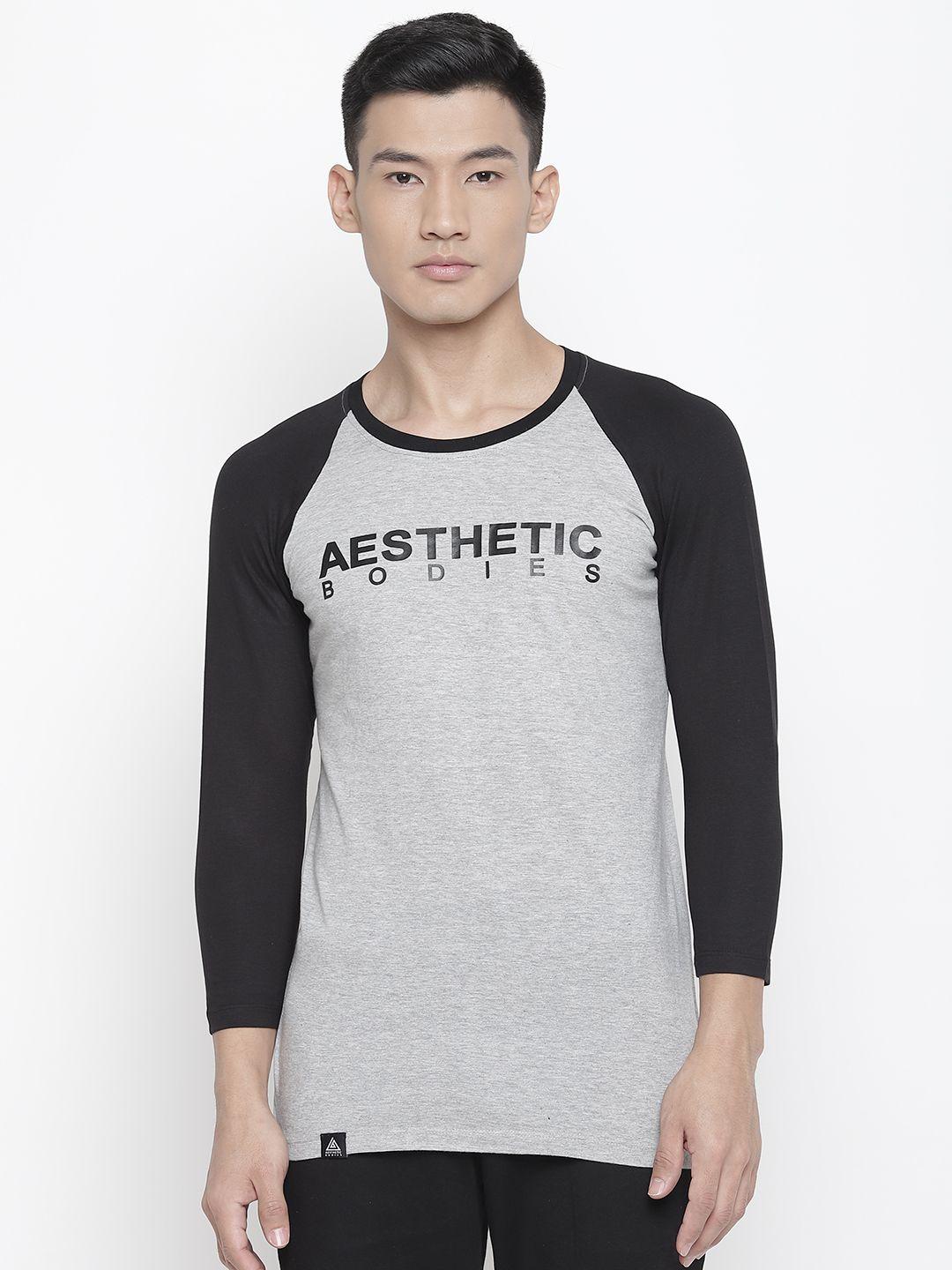 aesthetic bodies men grey melange & black printed hooded t-shirt