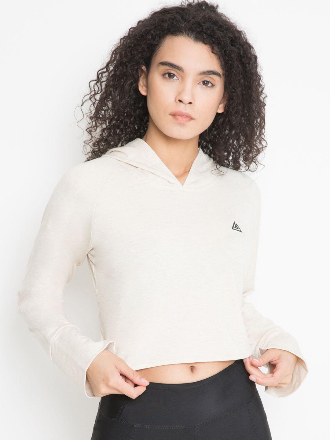 aesthetic bodies women cream-coloured solid hooded crop sweatshirt