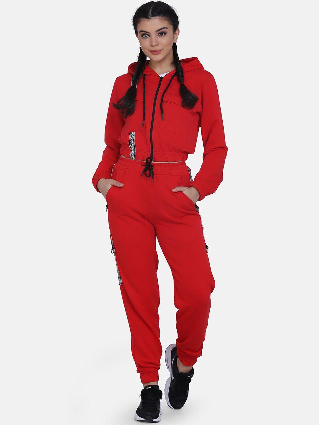aesthetic bodies women red solid cotton tracksuit