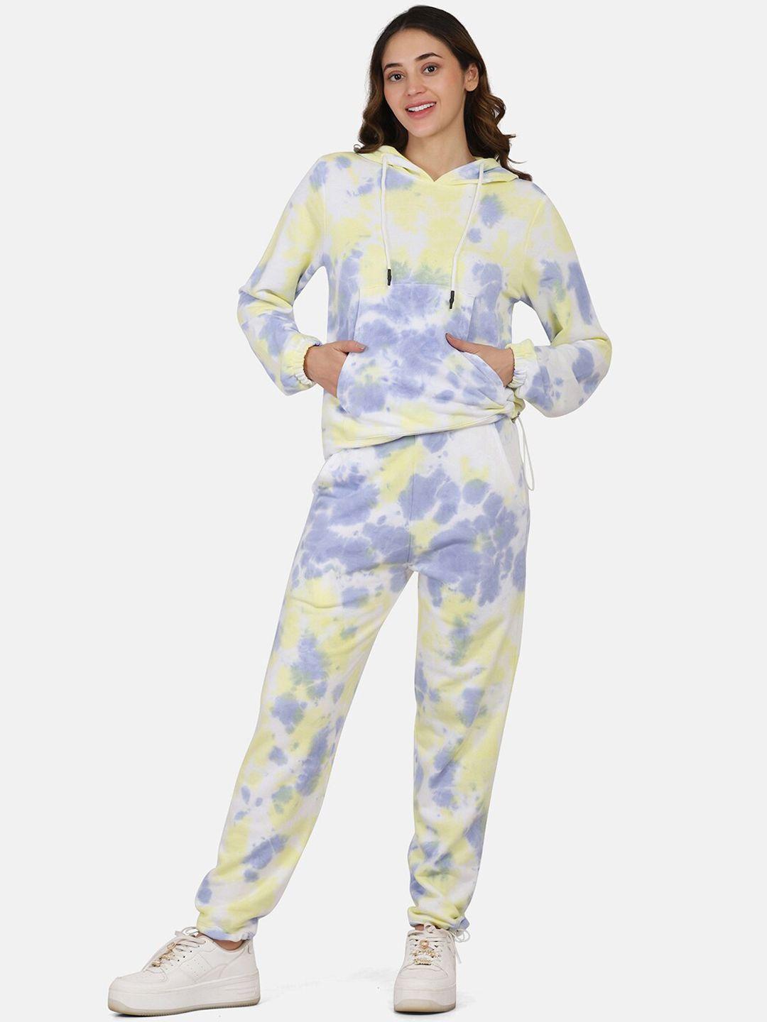 aesthetic bodies women yellow & blue pure cotton tie-dye hoodie co-ords