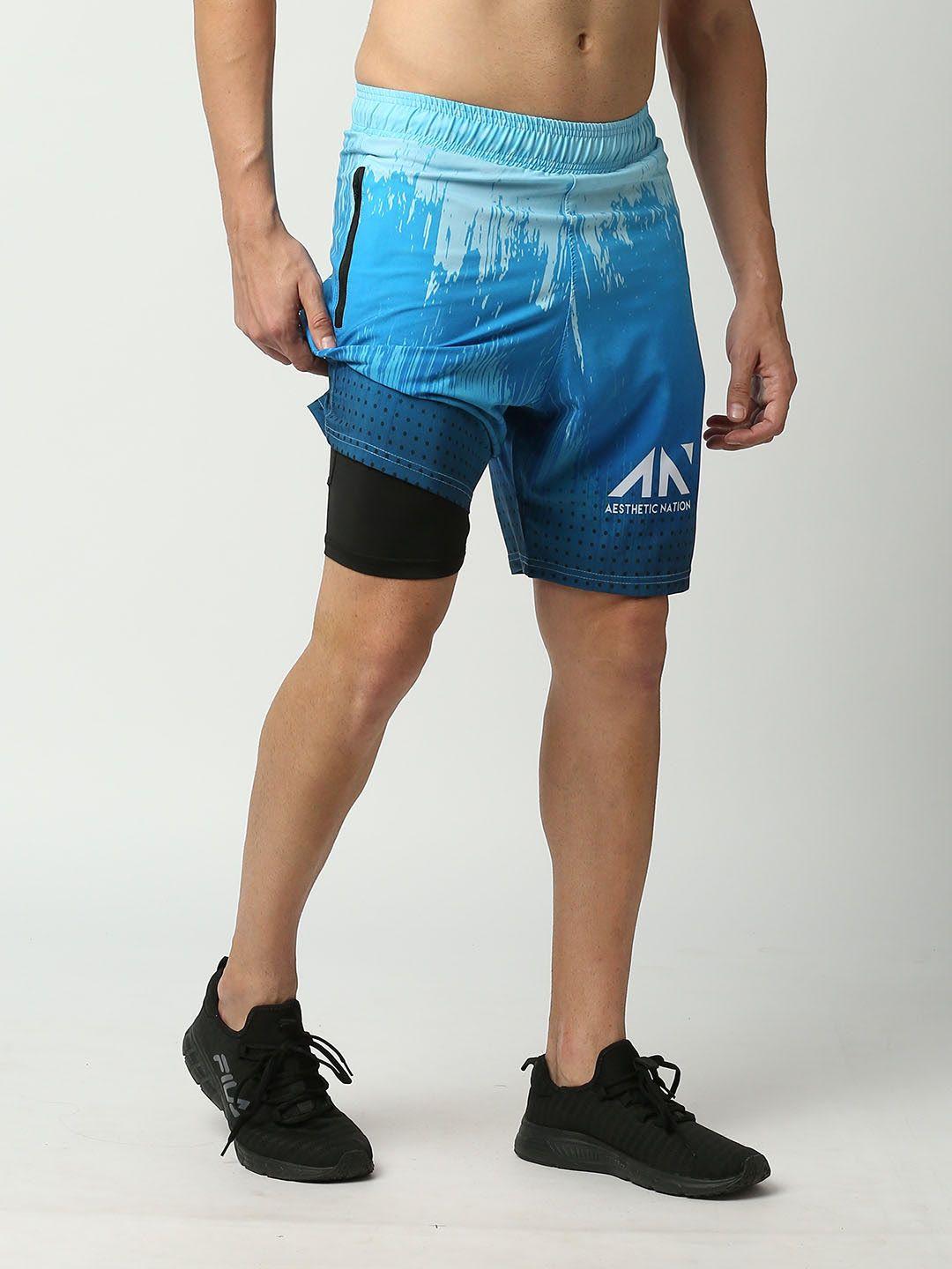 aesthetic nation men blue printed slim fit training or gym sports shorts