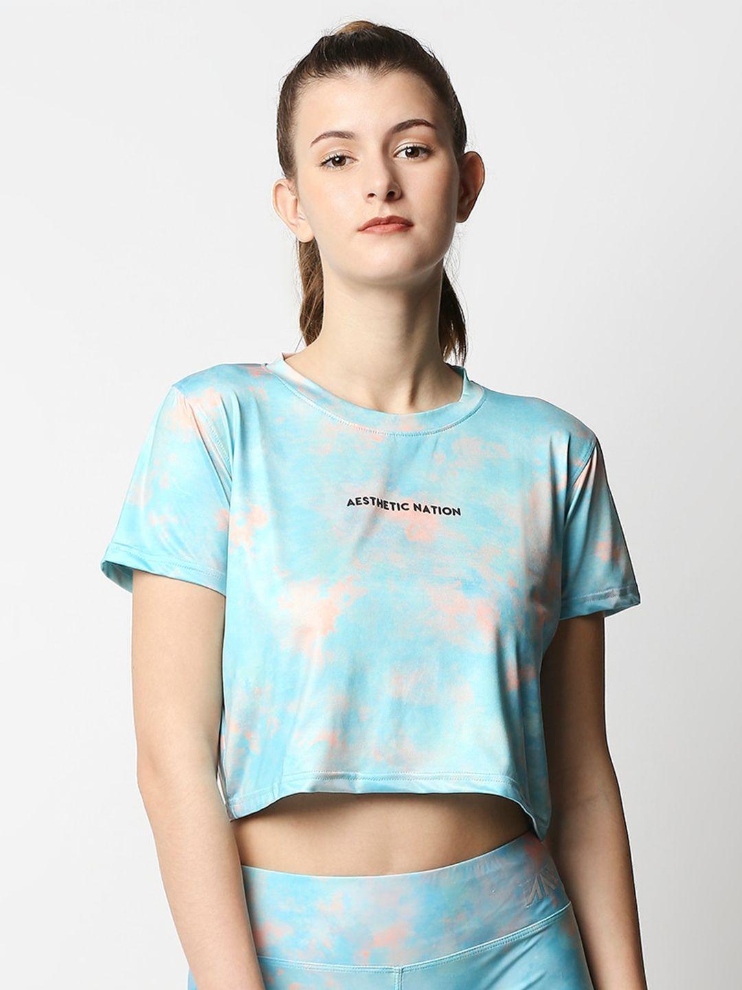 aesthetic nation women blue & pink tie and dye printed antimicrobial boxy t-shirt