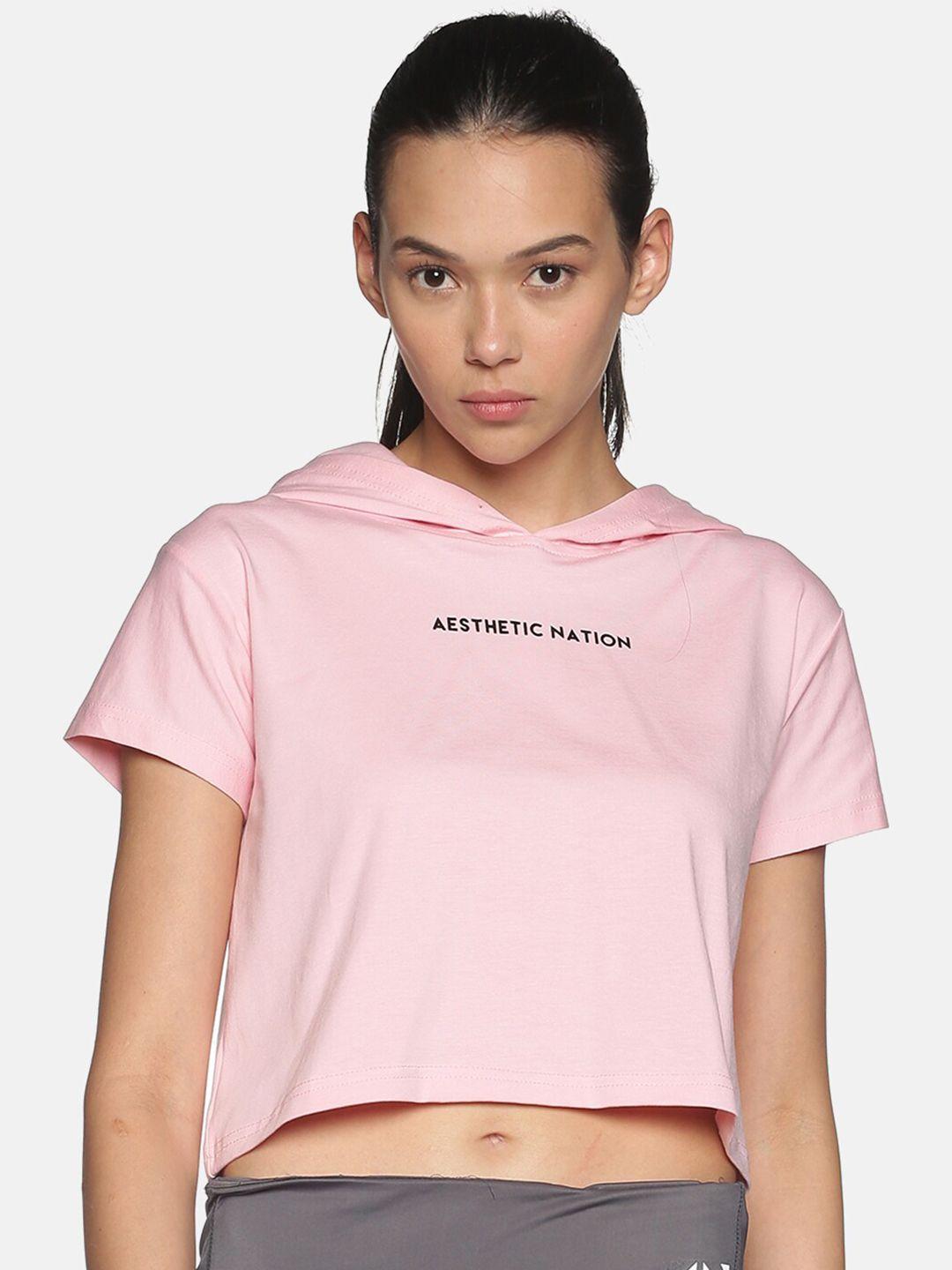 aesthetic nation women pink & black printed hooded loose t-shirt