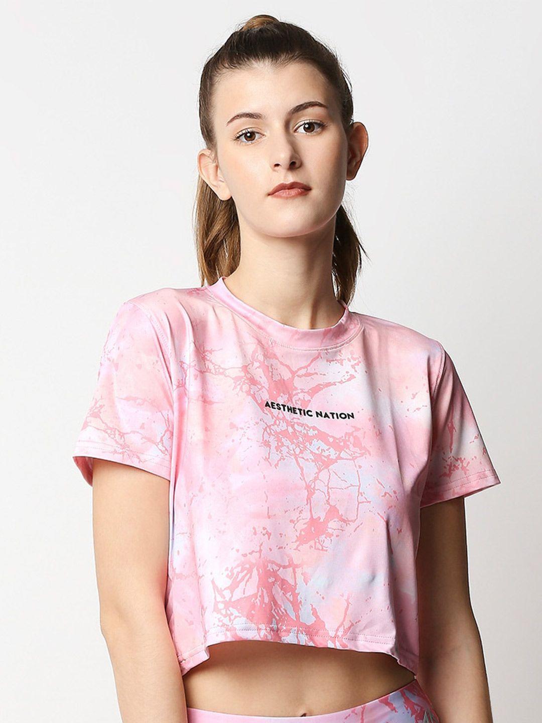 aesthetic nation women pink & white tie and dye printed antimicrobial boxy t-shirt