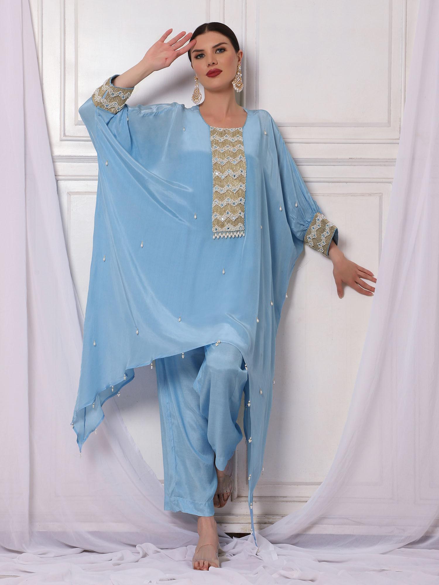 afrah crepe blue embellished kaftan with inner & pant (set of 3)