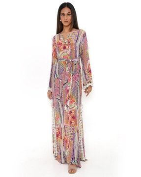 african print crepe long straight kaftan with belt