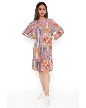 african print round-neck dress with frilled hem