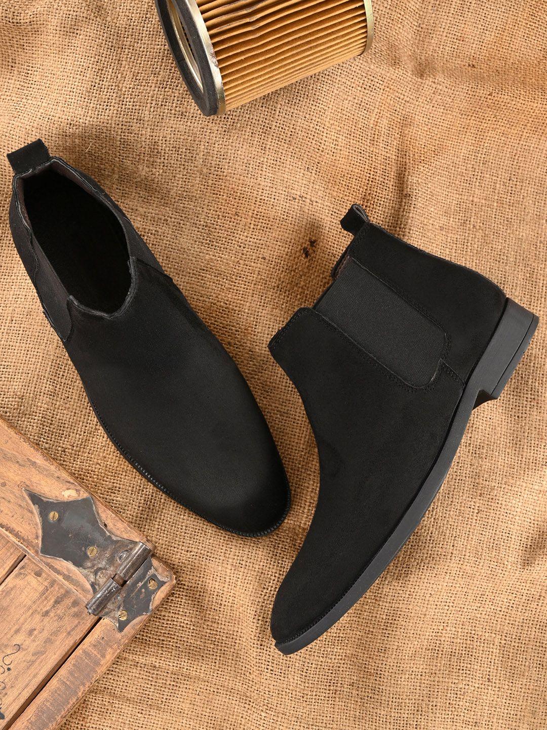 afrojack men black solid mid top flat chelsea boots