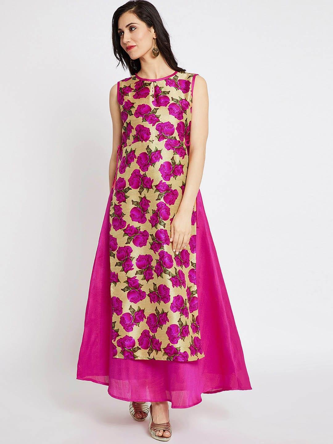 agroha-women-pink-&-beige-floral-printed-keyhole-neck-floral-kurta