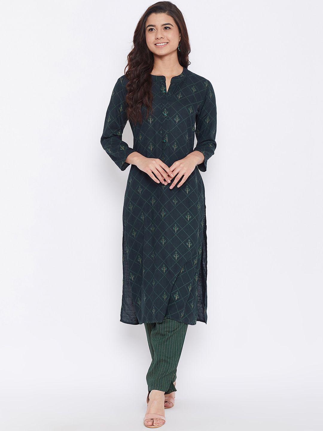 agroha women green ethnic motifs printed kurta with trousers