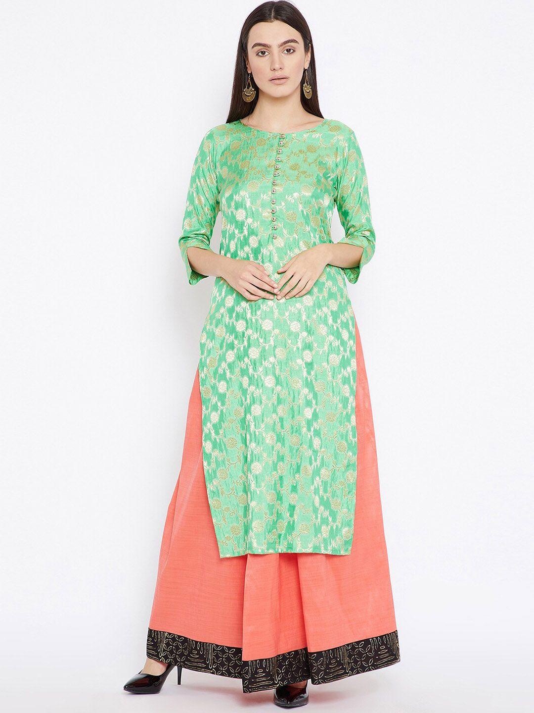 agroha women green floral printed kurta with skirt set