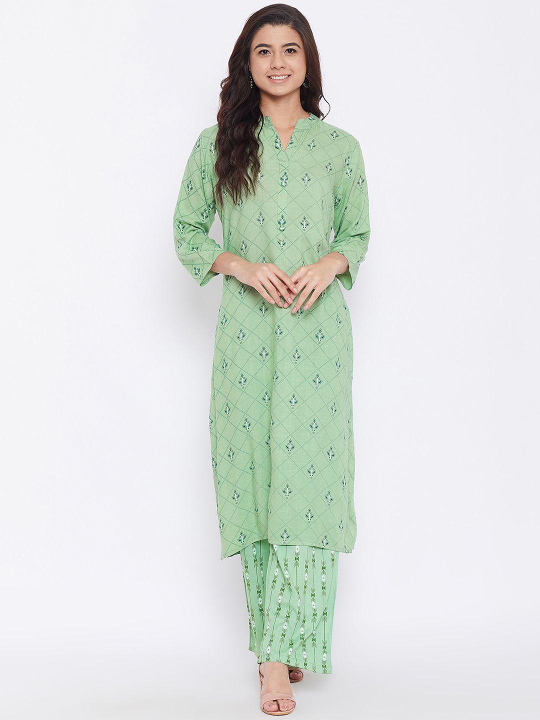 agroha women green printed kurta with palazzos
