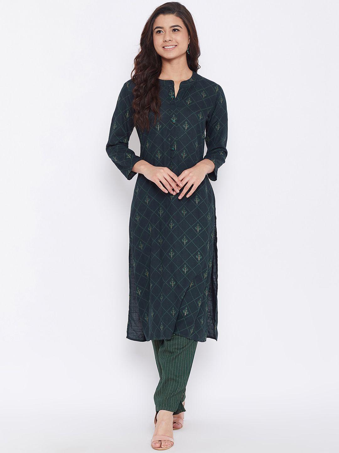 agroha women green printed kurta with trousers