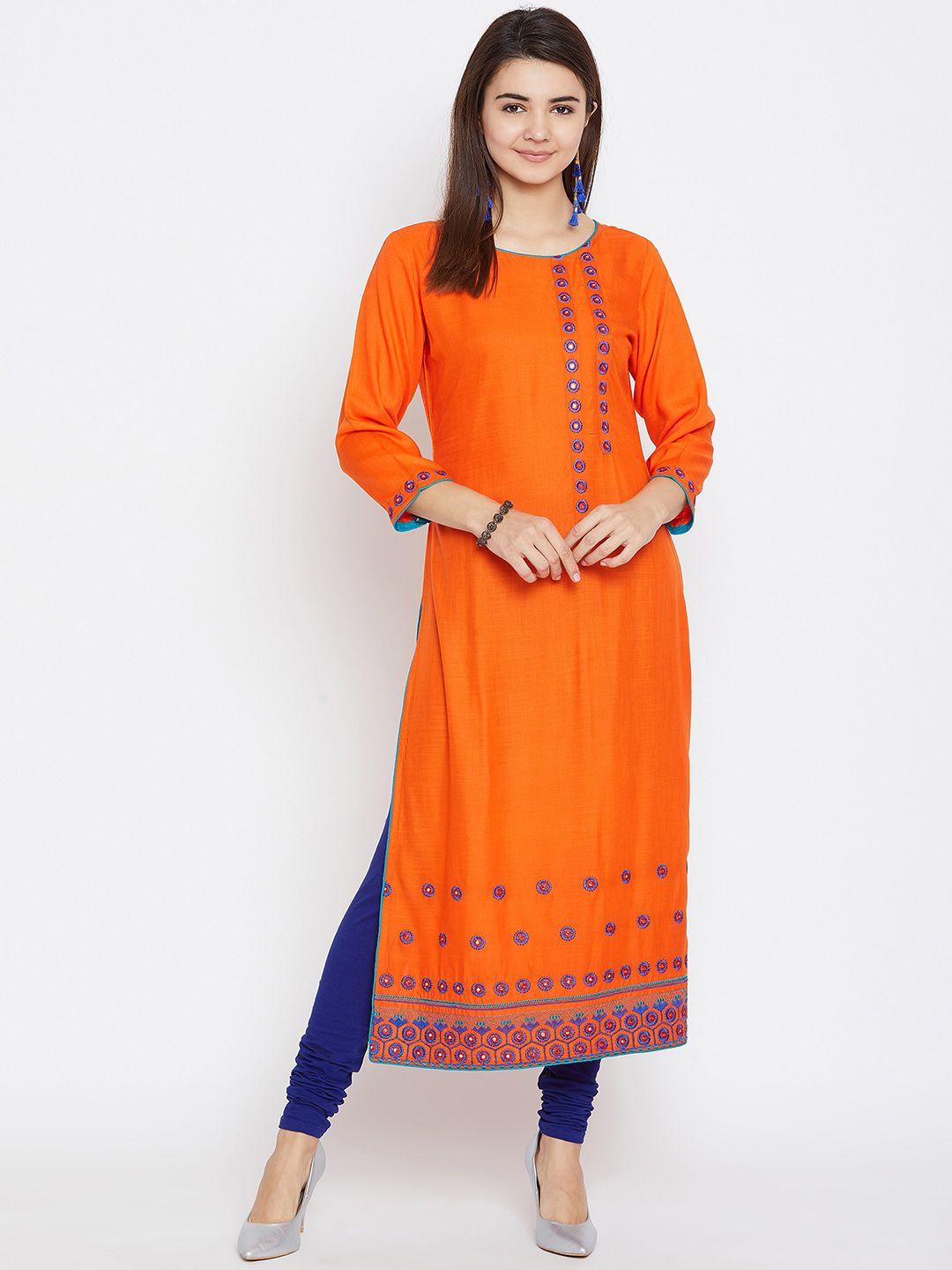 agroha women orange & blue floral embroidered thread work kurta