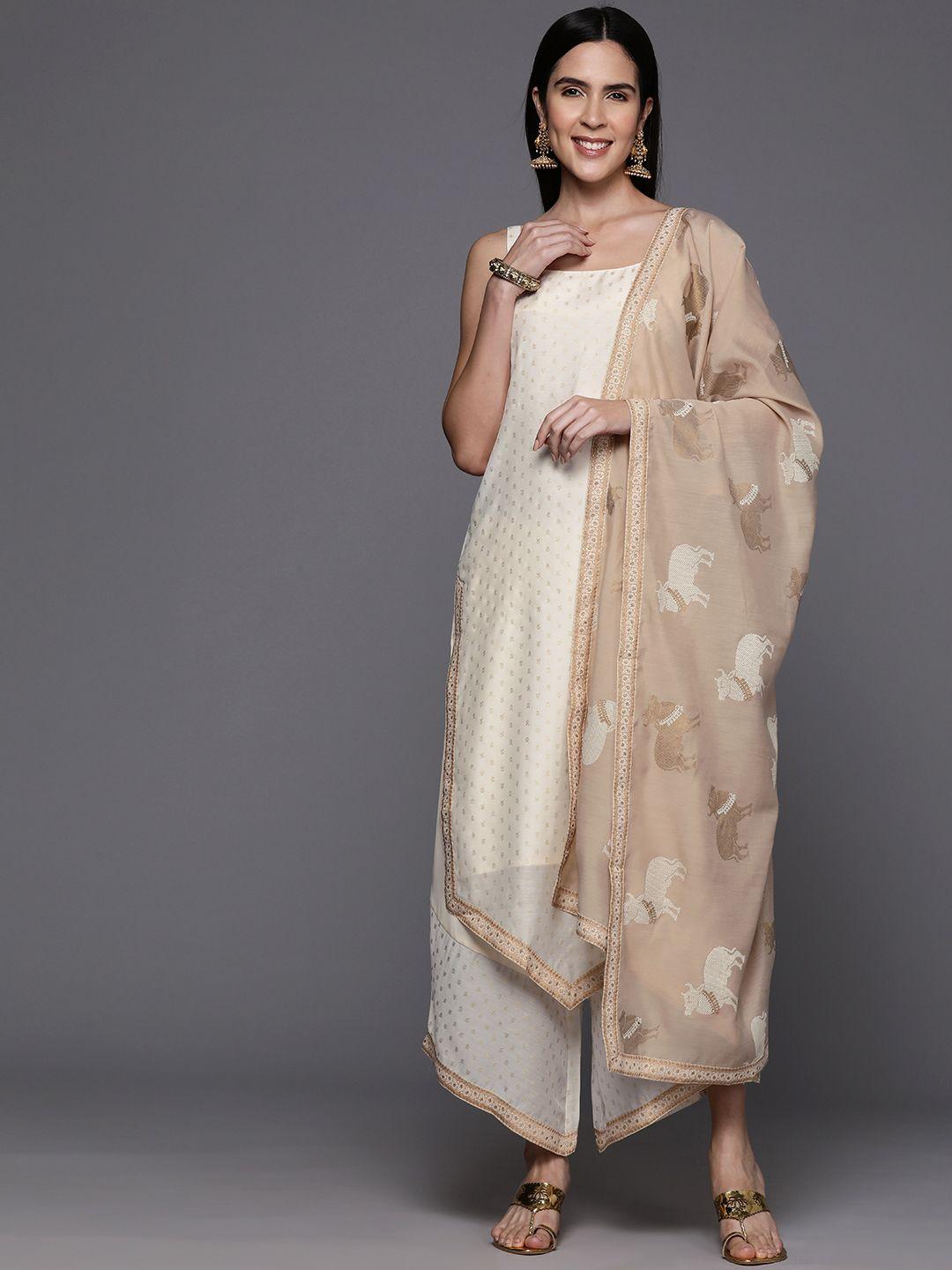 ahalyaa ethnic motifs printed regular chanderi silk kurta with palazzos & dupatta